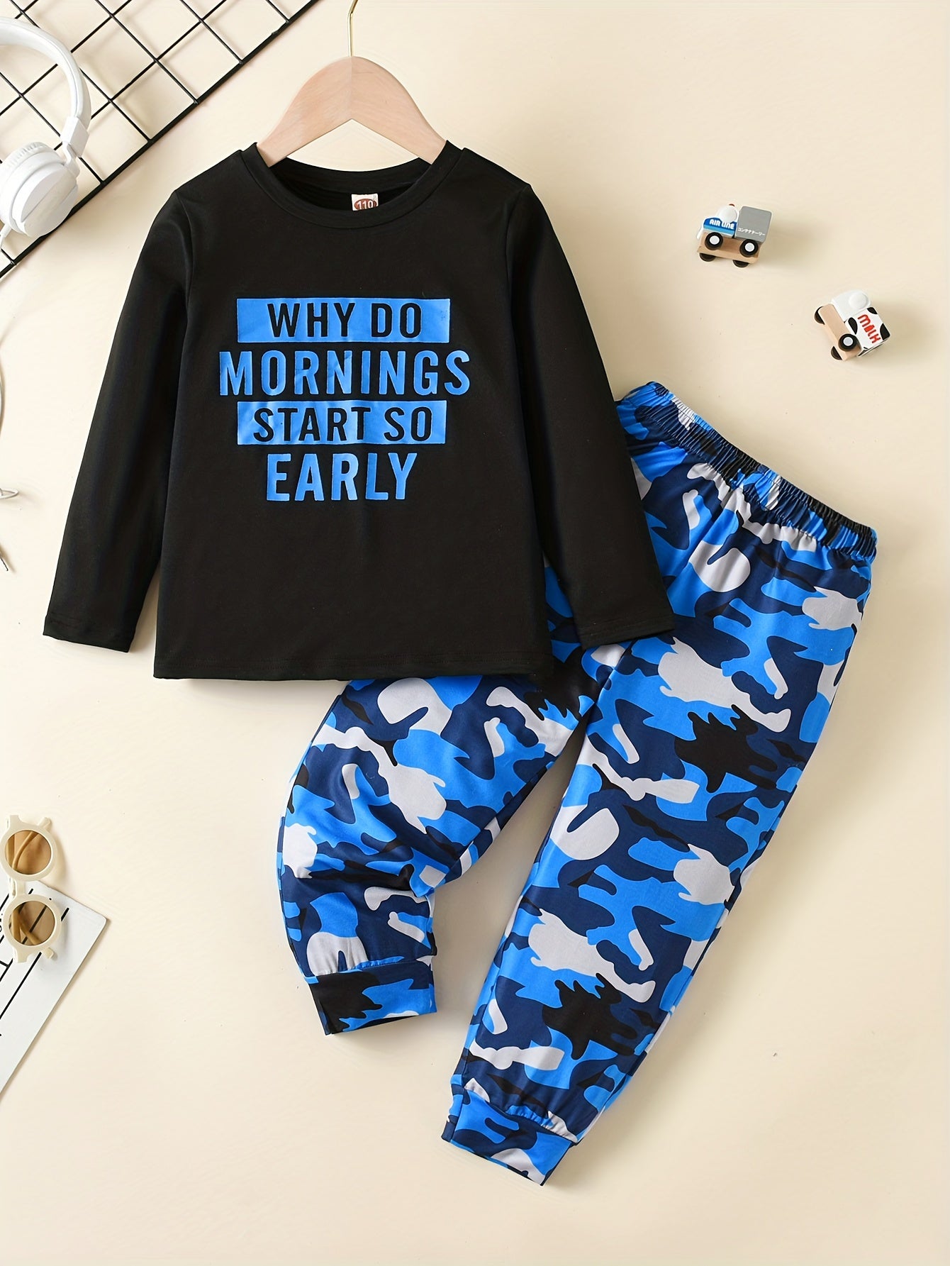 Boys Alphabet Print Top & Camo Trousers Pajama Set