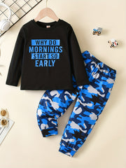 Boys Alphabet Print Top & Camo Trousers Pajama Set
