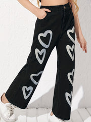 Heart Print High Waist Flared Rip Jeans Destroyed Denim Pants