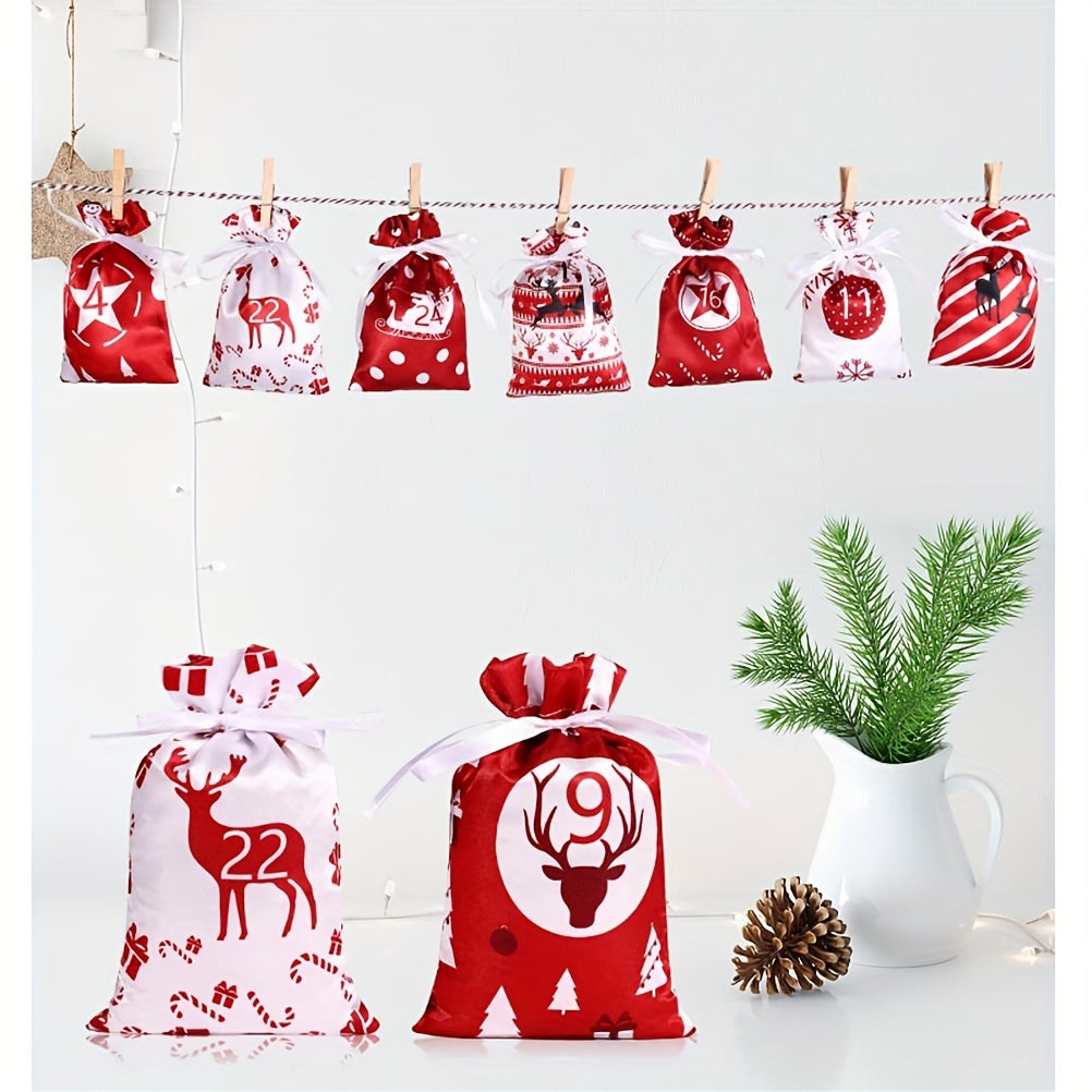 24pcs Hanging Christmas Advent Calendar Bags for Xmas Navid