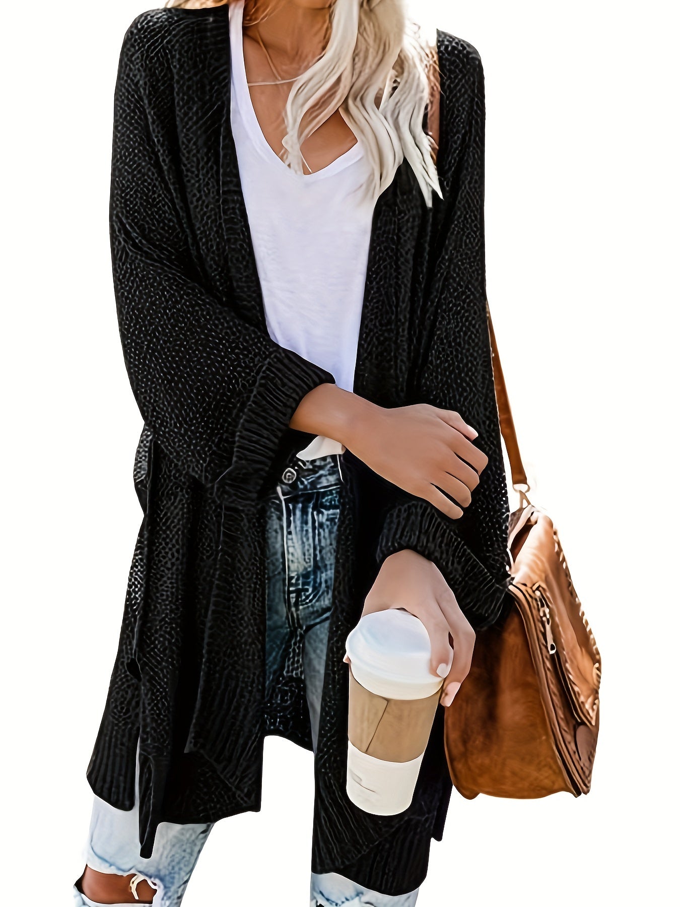 Solid Long Sleeve Open Front Knit Cardigan
