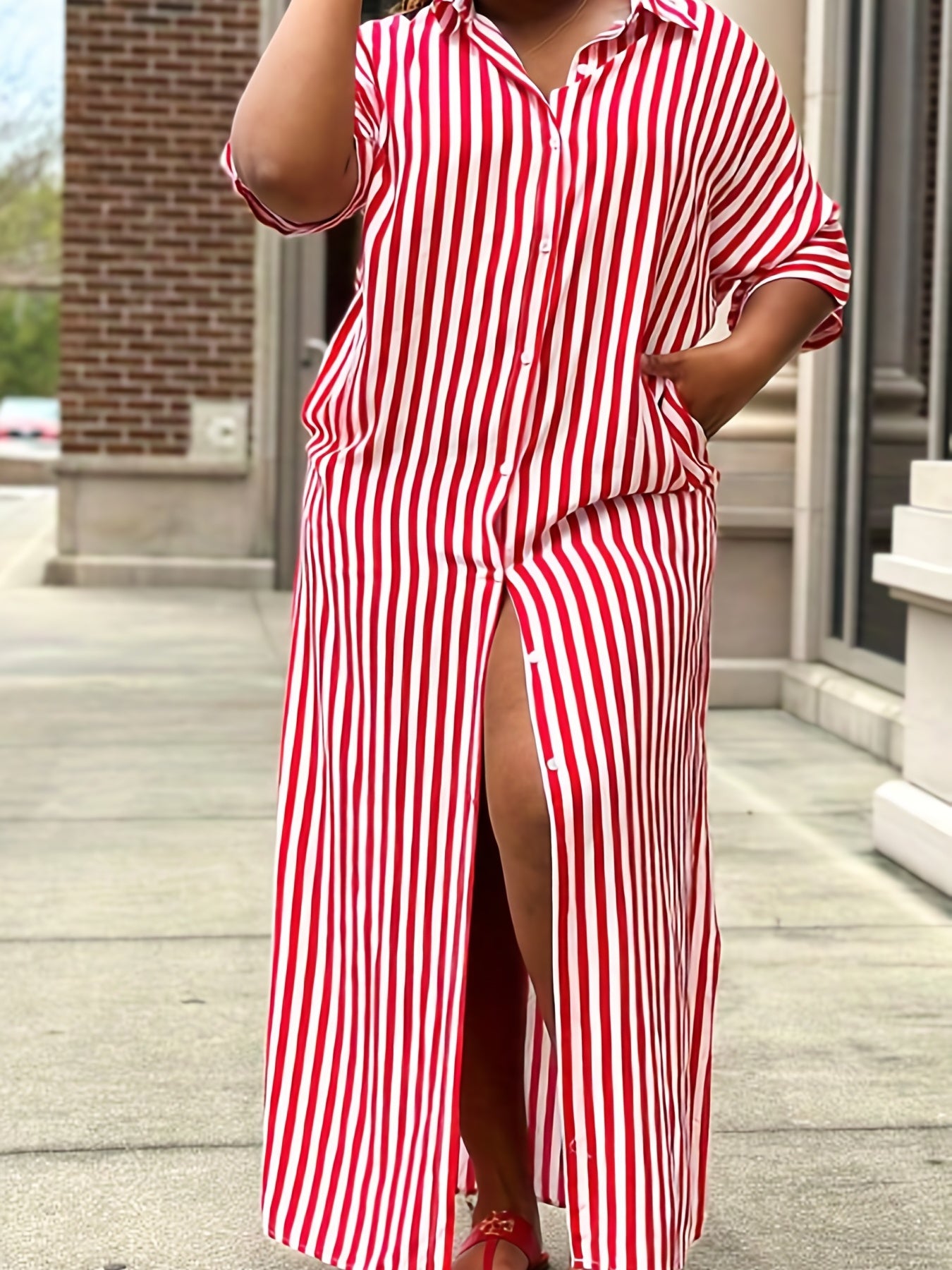 Women's Plus Stripe Print Button Up Maxi Shirt Dress