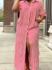 Women's Plus Stripe Print Button Up Maxi Shirt Dress