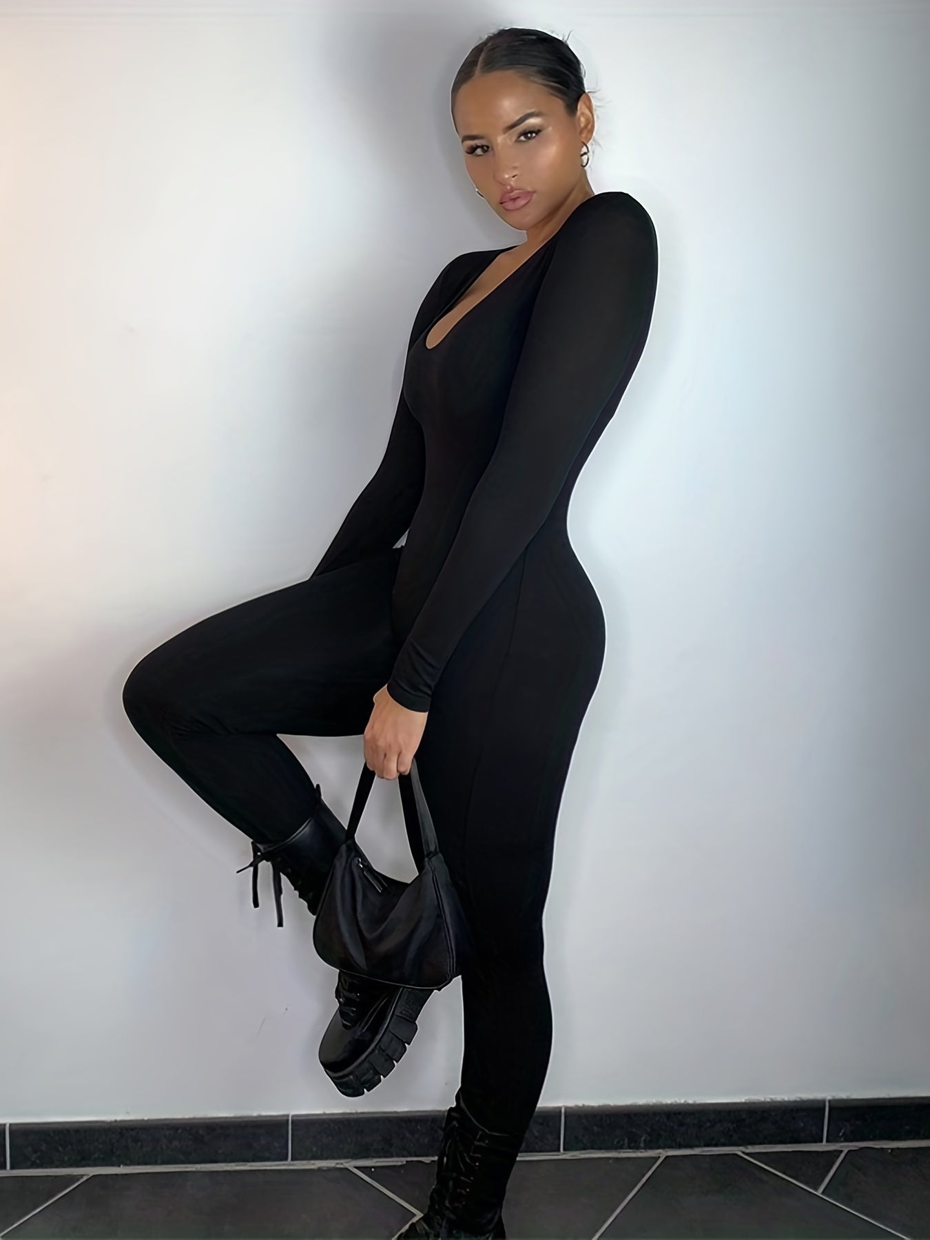 Solid U Neck Jumpsuit Long Sleeve Bodycon Workout Jumpsuit