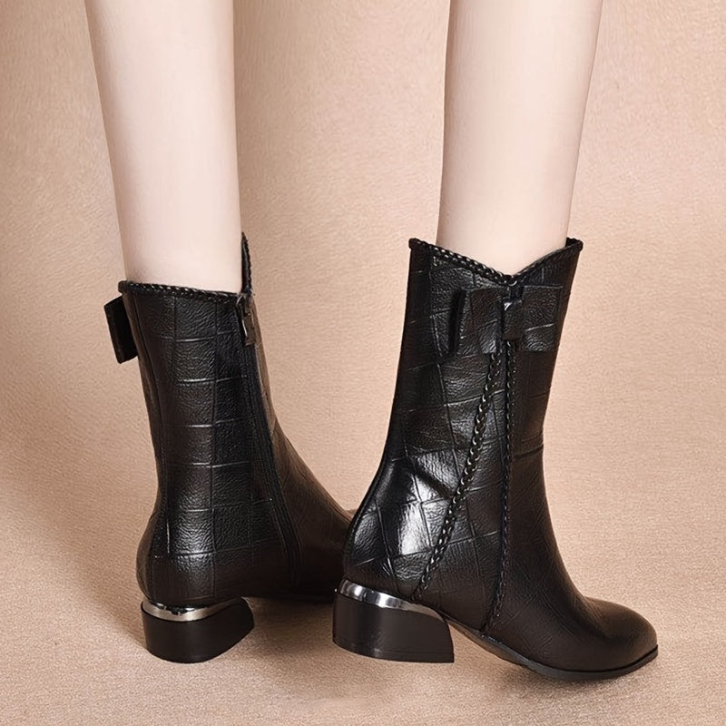 Women's Grid Pattern Mid Calf Boots Side Zipper Low Heel Shoes