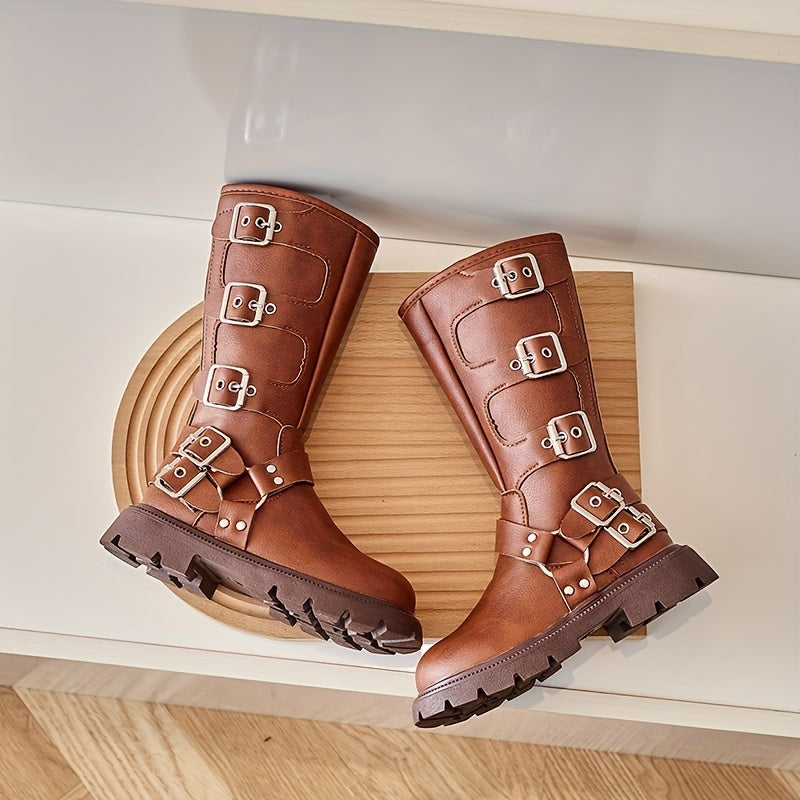 Girls Vintage Knee High Boots - Non Slip PU Leather - Geometric Design