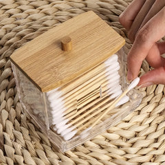 Cotton Swab Holder with Wooden Lid Bathroom Decor
