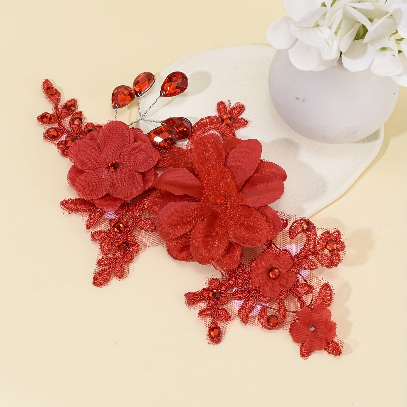 Red Flower Head Piece Rhinestone Bridal Hair Accessory
