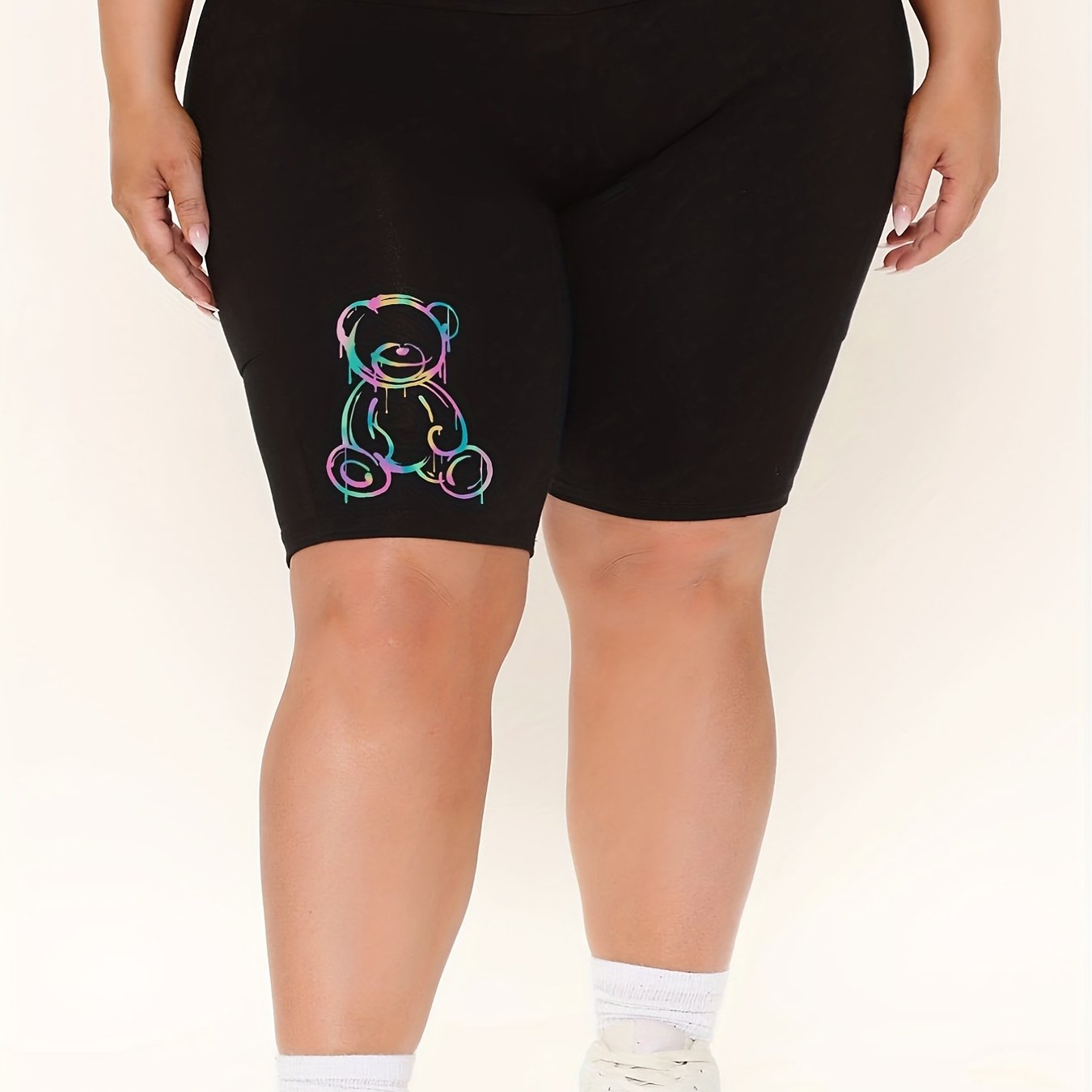 Casual Shorts Women's Plus Bear Print High Rise Skinny Sports Shorts