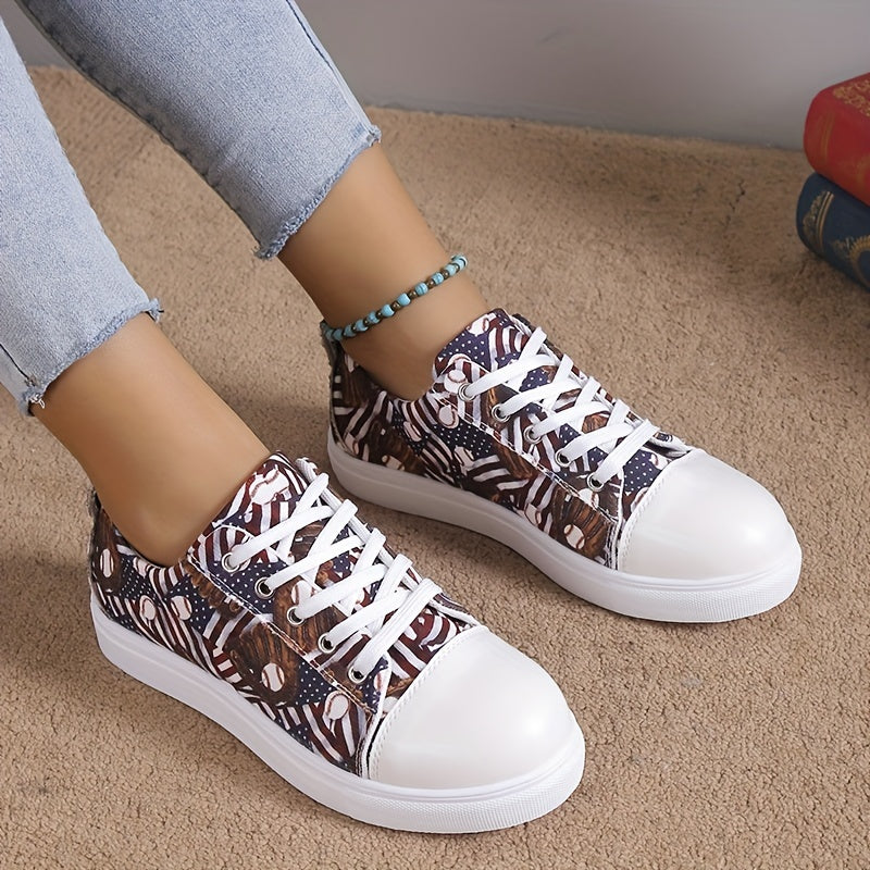 Women's Baseball Print Canvas Shoes Casual Lace Up Low Top Outdoor Sneakers