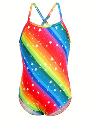 Toddler Girls Rainbow Stripes And Stars Graphic Swimsuit
