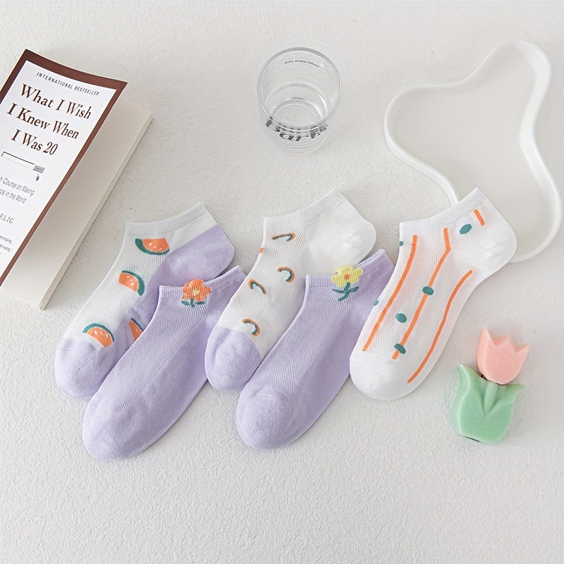 5 Pairs Floral Print Soft & Lightweight Ankle Socks Women's Stockings