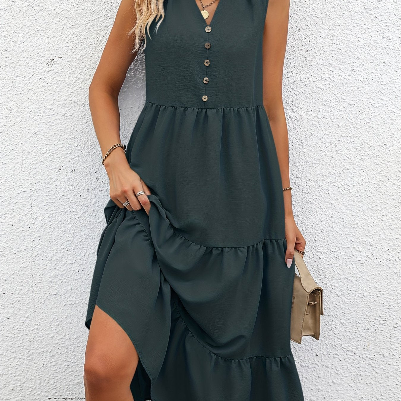 Summer Sleeveless Tiered Dress V Neck Loose Casual Dress