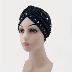 Faux Pearl Decor Turban Colorful Head Wraps Beanie Ramadan Hijab Hat