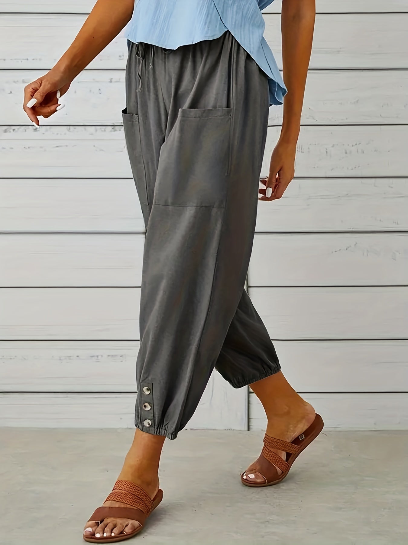 Drawstring Patched Pockets Casual Pants for Women