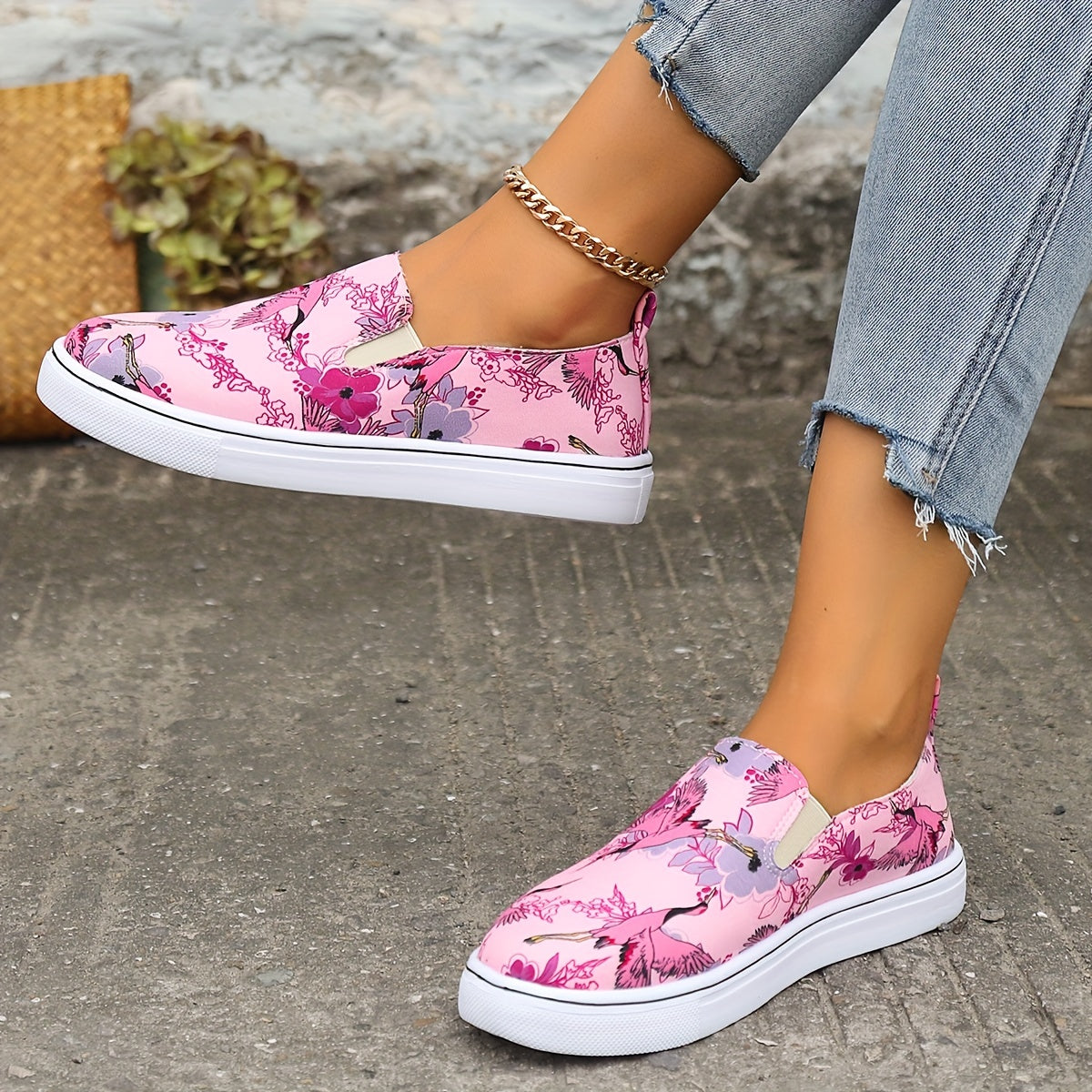 Flamingo Flower Print Pink Flat Skate Shoes