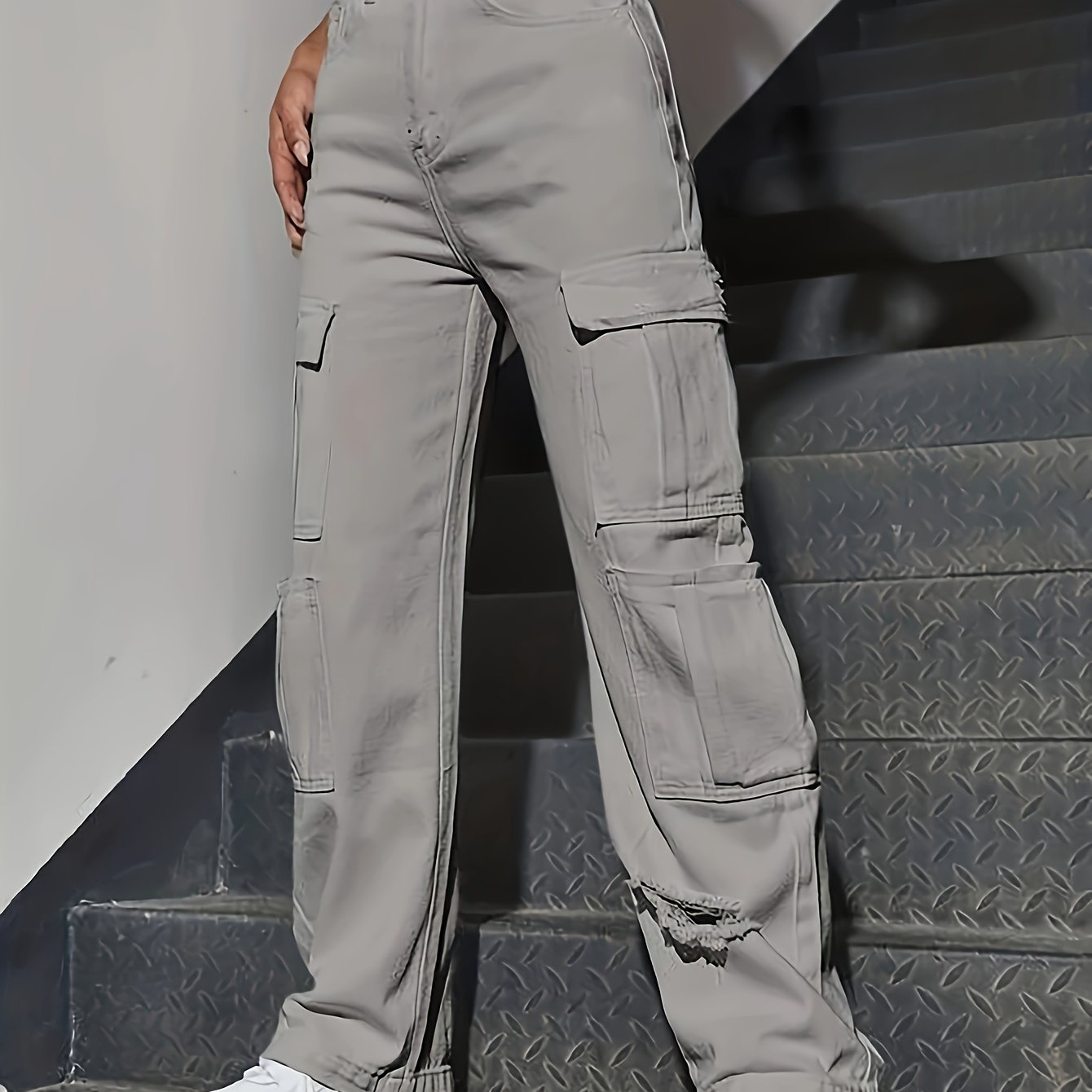 Cargo Pocket Jeans Solid Street Kpop Y2K Style Denim Pants Women's