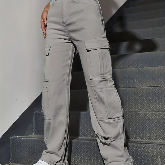Cargo Pocket Jeans Solid Street Kpop Y2K Style Denim Pants Women's