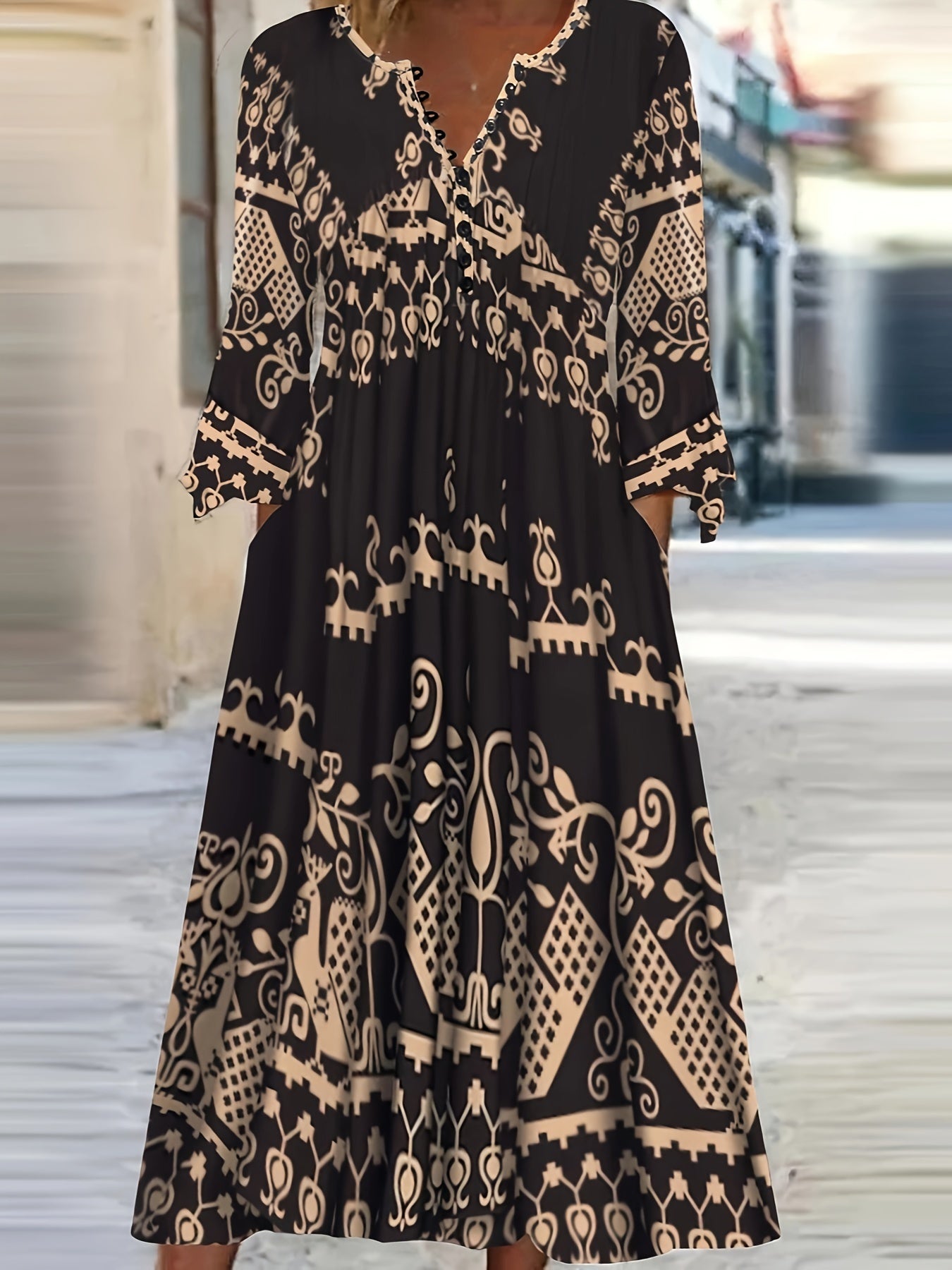 Boho Dress Women's Plus Tribal Print Button Decor Dress