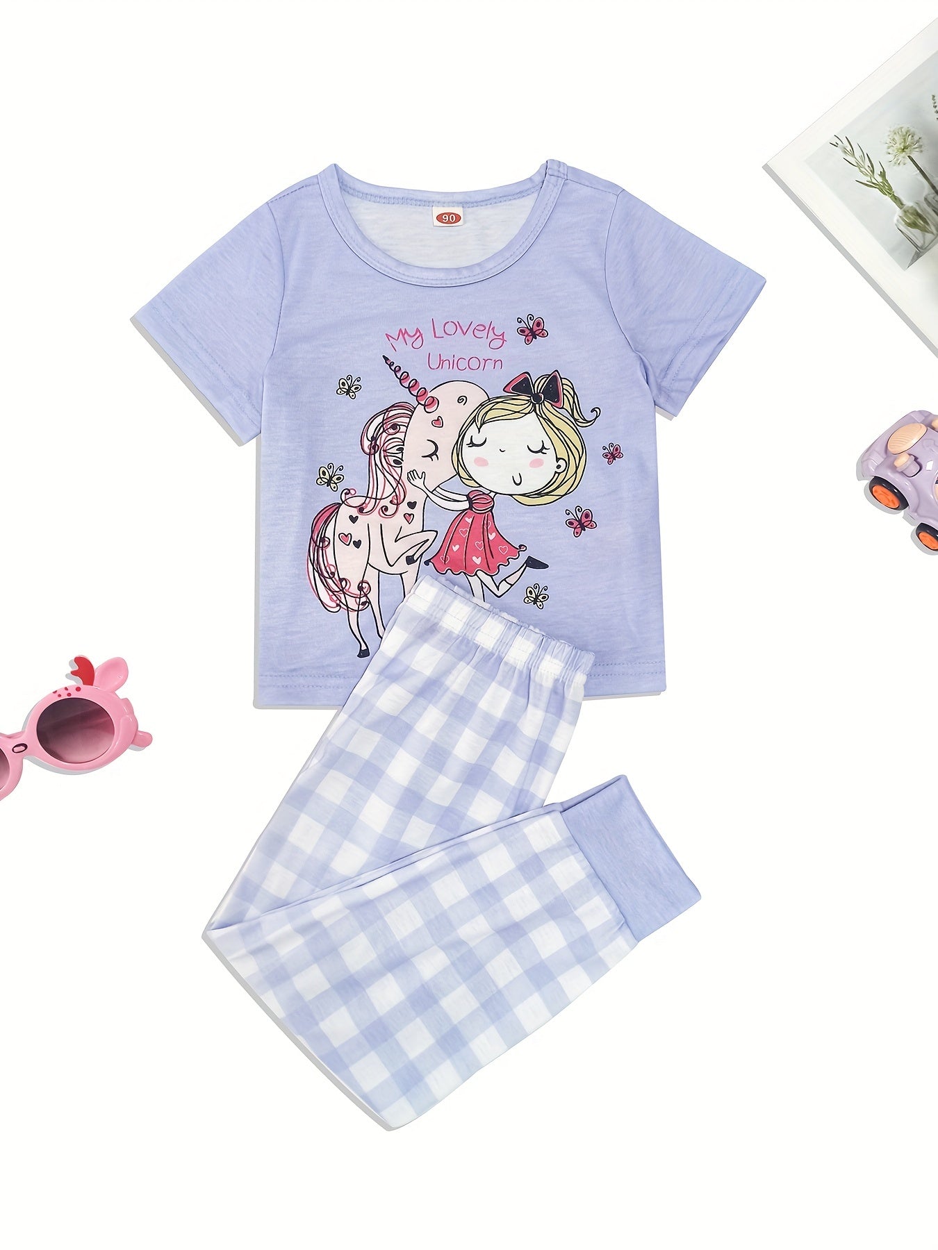 Toddler Girls Pajamas Set Cartoon Print Short Sleeve Top & Matching Pants