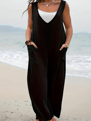 V Neck Wide Leg Tank Jumpsuit With Pockets