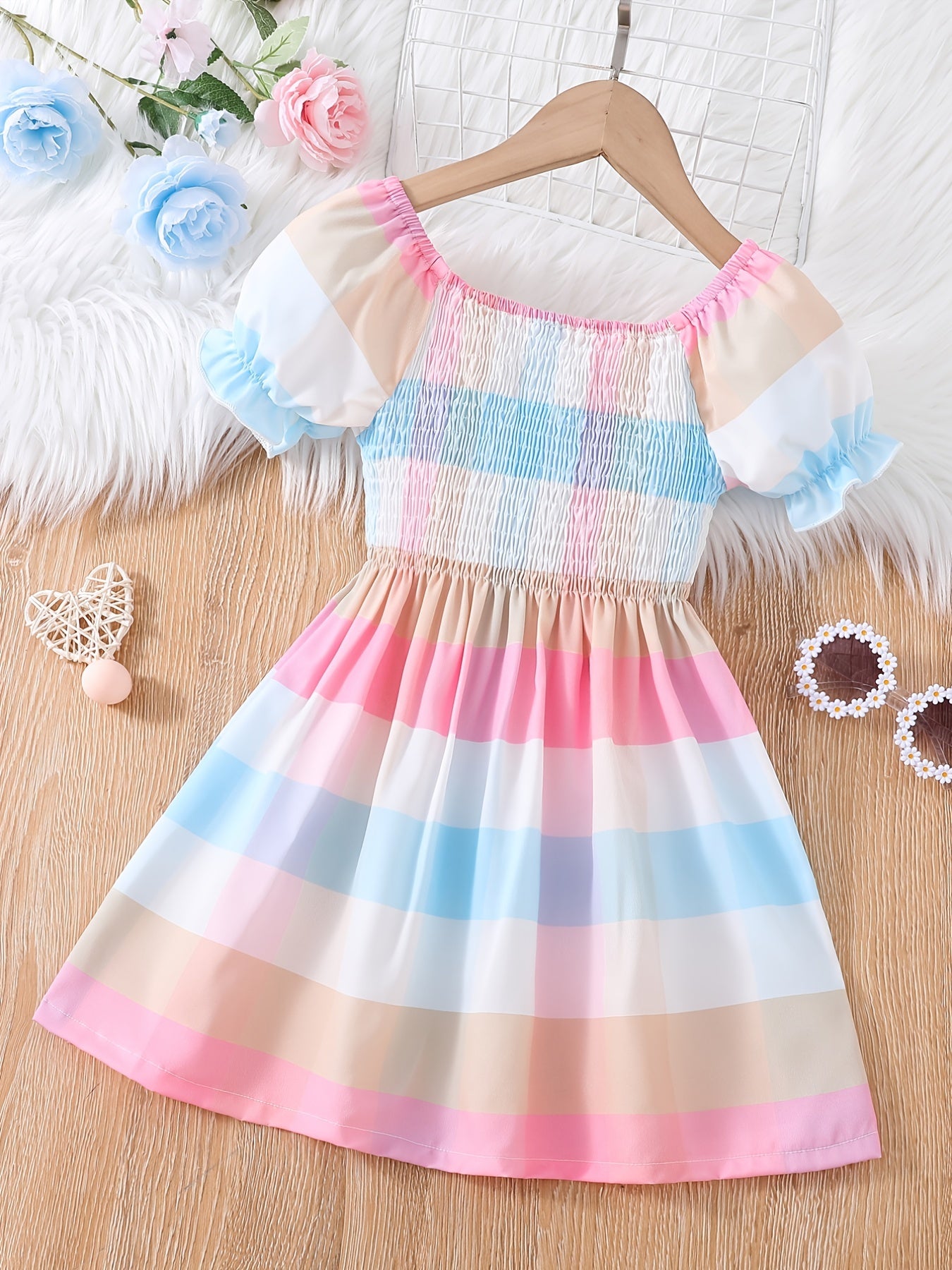 Girls Shirred Puff Sleeve Colorful Plaid Party Dress Kids Summer Clothes