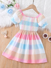 Girls Shirred Puff Sleeve Colorful Plaid Party Dress Kids Summer Clothes