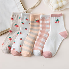 5 Pairs Strawberry Print Socks Women's Mid Tube Stockings