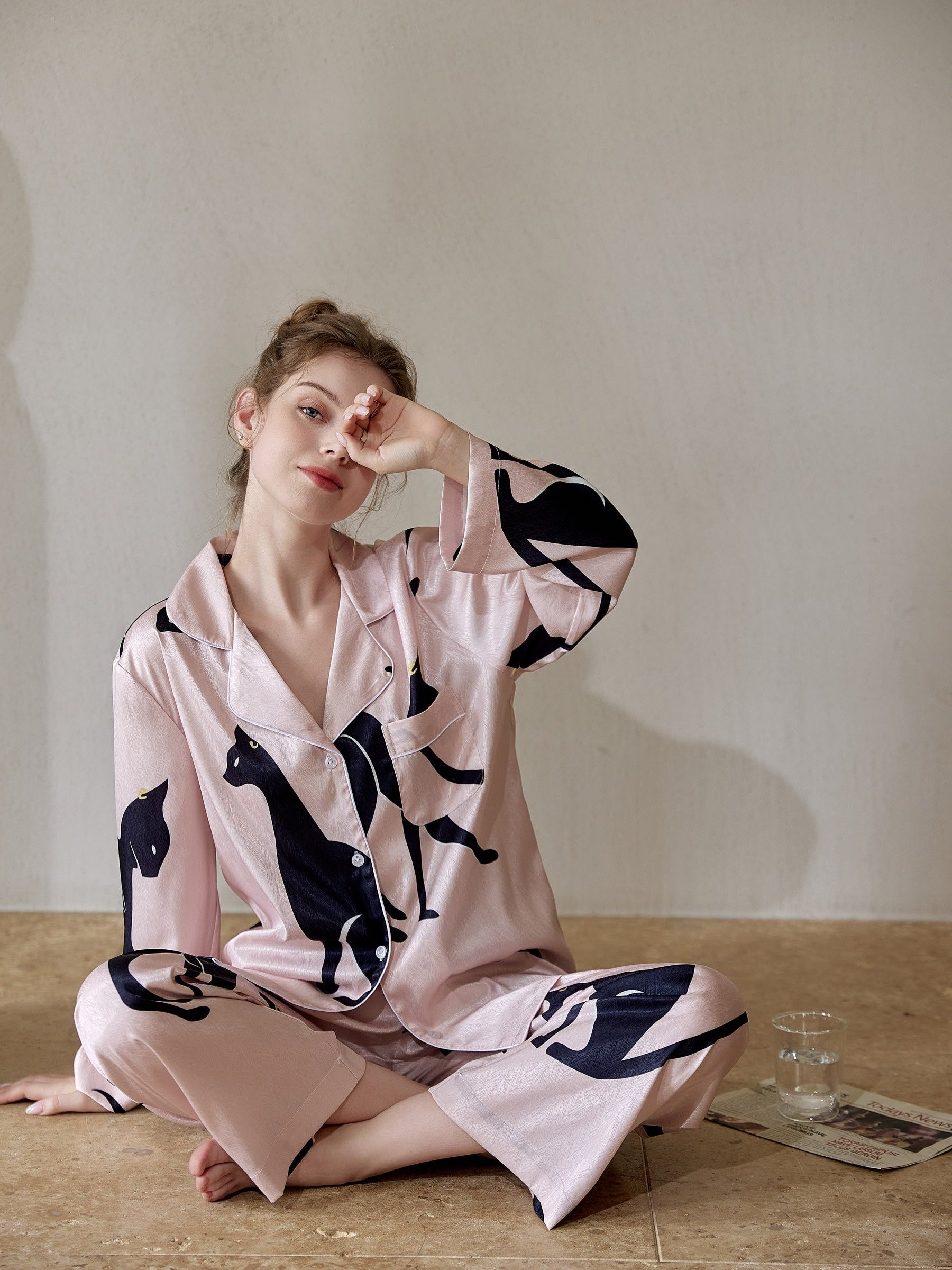 Cat Print Pajama Set Long Sleeve Buttons Top & Elastic Waistband Pants