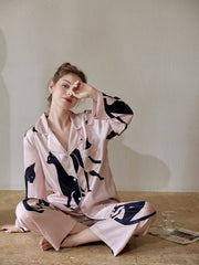 Cat Print Pajama Set Long Sleeve Buttons Top & Elastic Waistband Pants