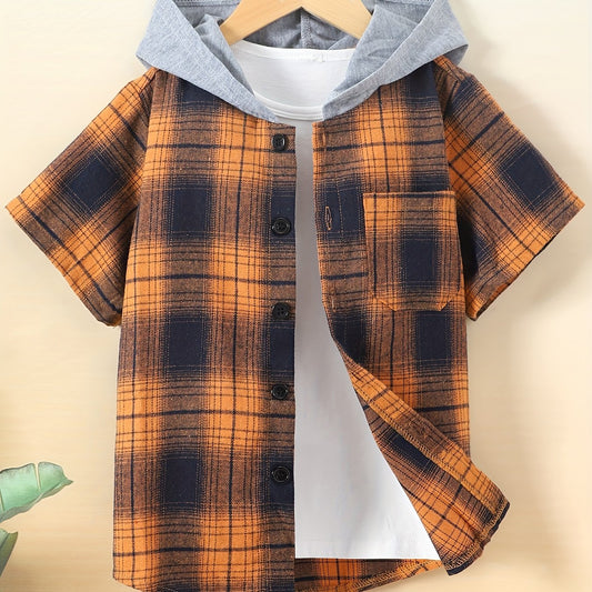 Toddler Boys Plaid Hoodie Shirt Short Sleeve Button Down Shirt