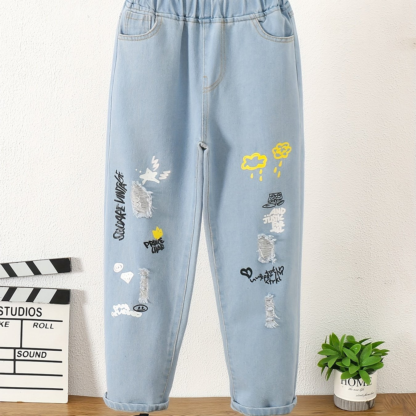 Girls Cartoon Pattern Denim Jeans Elastic Waistband Kids Clothes