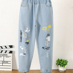 Girls Cartoon Pattern Denim Jeans Elastic Waistband Kids Clothes
