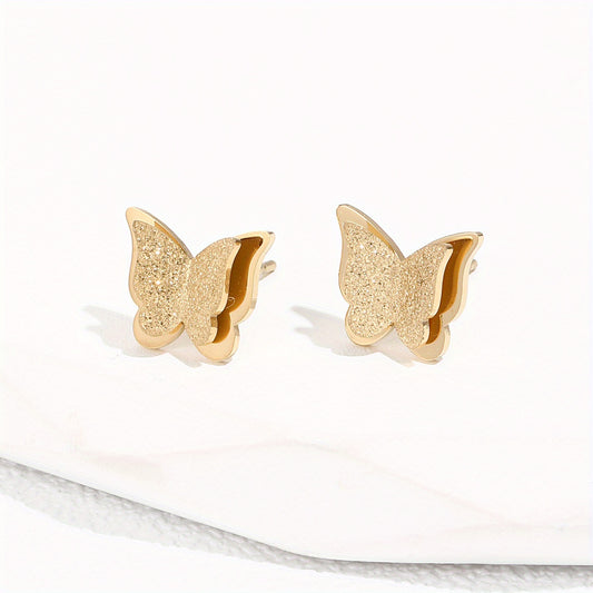 Double Layer Butterfly Stud Earrings Stainless Steel 14K Plated Casual Jewelry