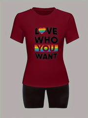 LGBT 2 Piece Set Women's Plus Slogan & Rainbow Stripe P