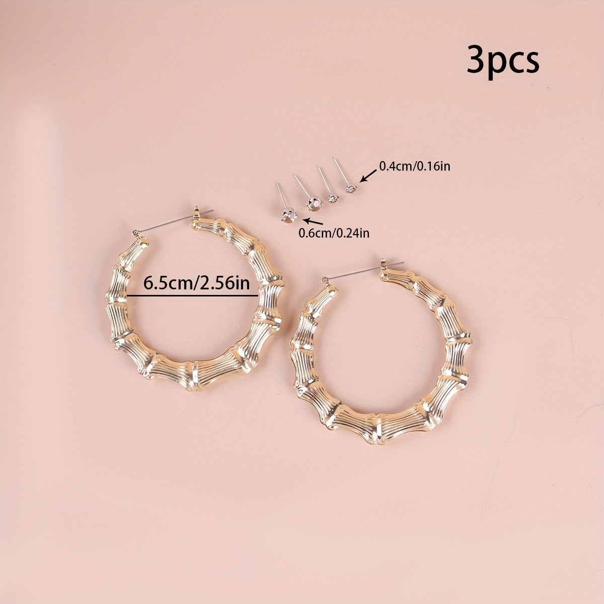 3 Pairs Punk Big Hoop & Rhinestone Stud Earrings Set