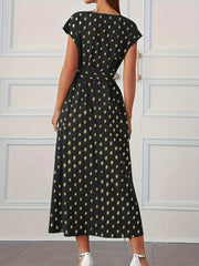 Plus Dot Print Cap Sleeve V Neck Maxi Dress With Belt