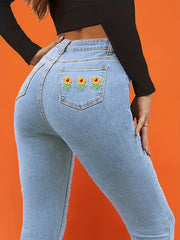 Sunflower Embroidered Flare Jeans High Stretch Bell Bottom Jeans