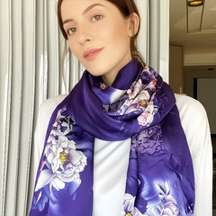 Purple Floral Silk Scarf 180x70cm Lightweight Hand Washable for Suits