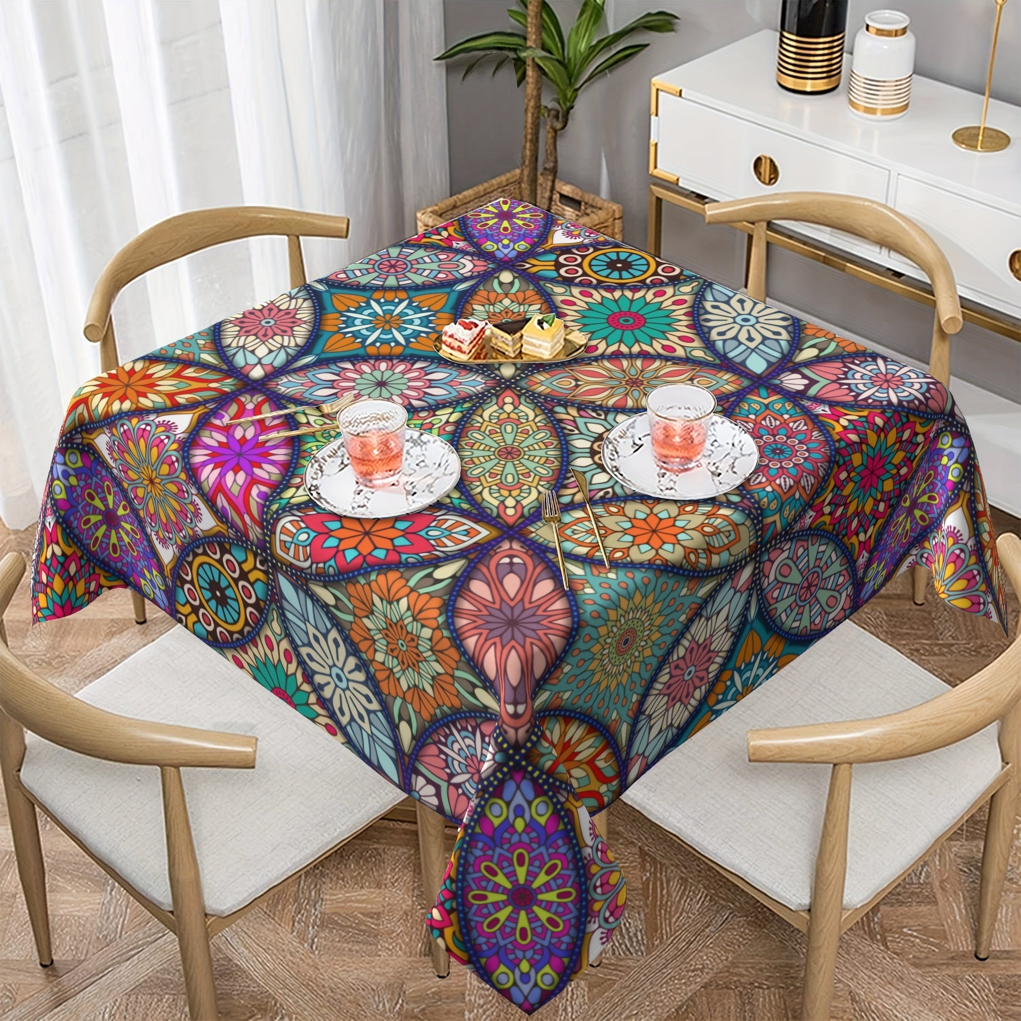 Boho Rectangle Tablecloth Stain Resistant Water Repellent Wrinkle Table Cover