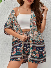 Floral Print Colorblock Top & Drawstring Shorts Set