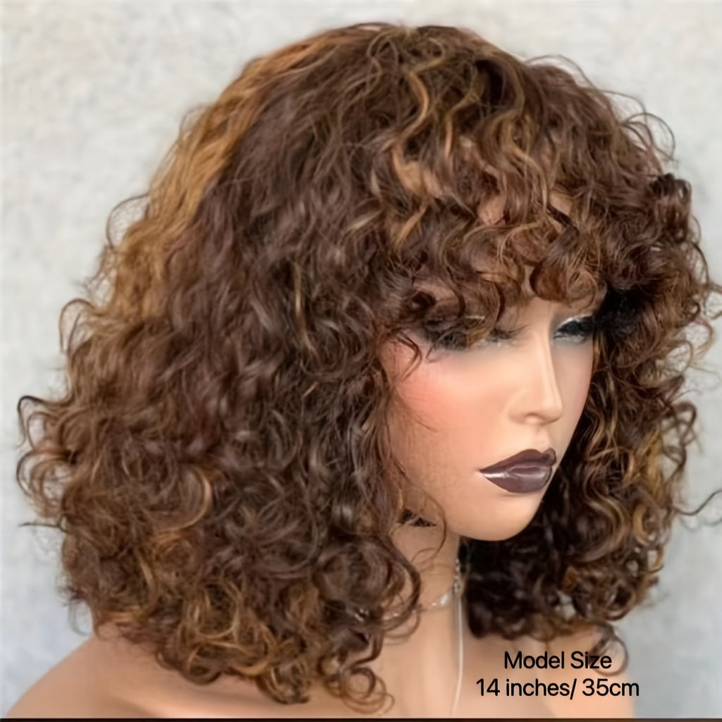 Short Curly Bob Fringe Human Hair Wigs with Bangs