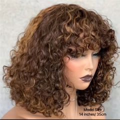 Short Curly Bob Fringe Human Hair Wigs with Bangs