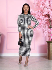 Women's Houndstooth Print Long Sleeve Maxi Dress