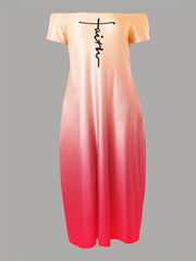 Casual Summer Dress Women's Plus Letter & Ombre Print Maxi Dress