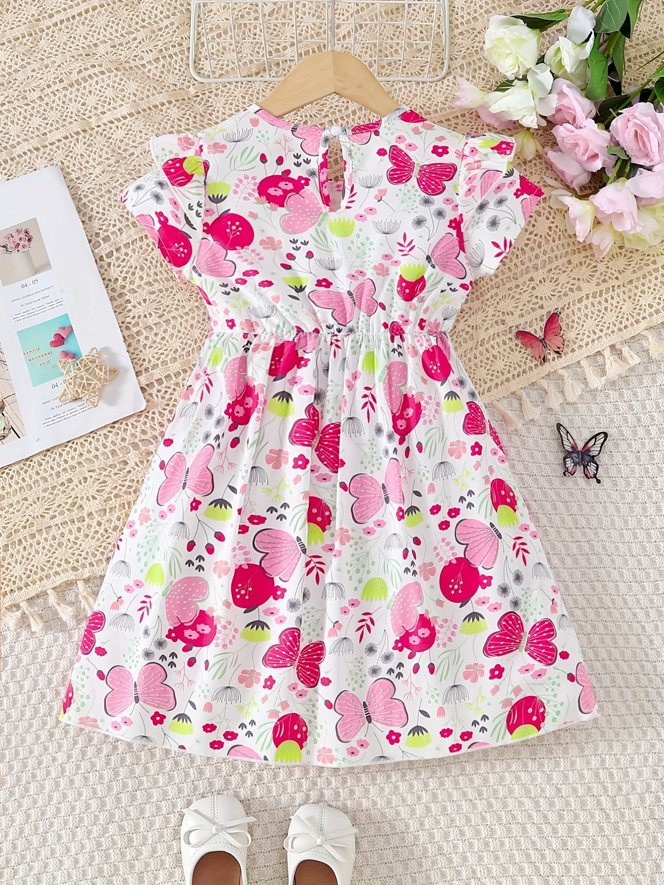 Girls Butterfly Print Ruffles Round Neck Princess Dress