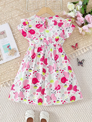 Girls Butterfly Print Ruffles Round Neck Princess Dress