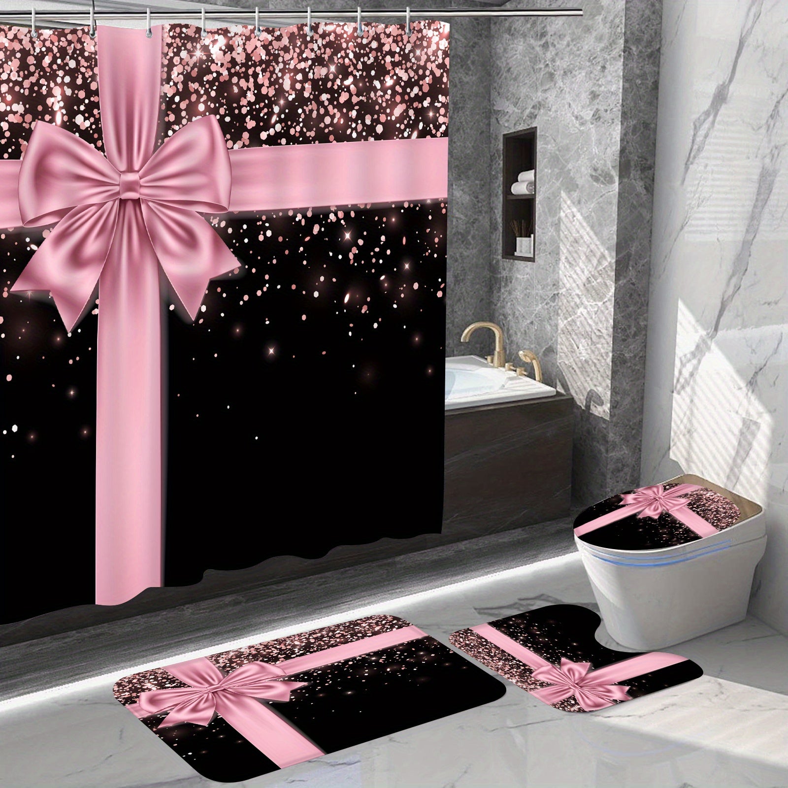 Sparkling Pink Shower Curtain Set with Carpet