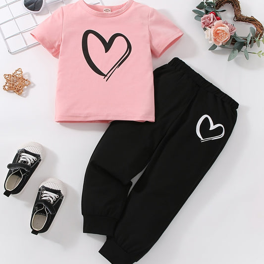 Girls Heart Print Short Sleeve T shirt & Sweatpants Set