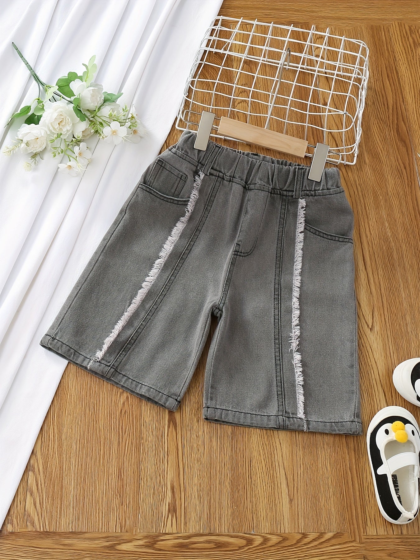 Girls Denim Shorts Elastic Waist Casual Loose Raw Trim Summer Clothes